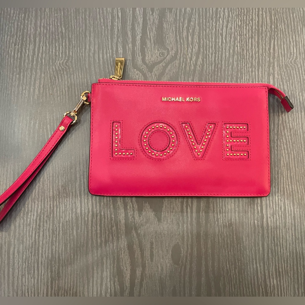 Michael Kors “LOVE” Ultra Pink Gold Studded Wristlet Clutch Leather Bag - Picture 2 of 9